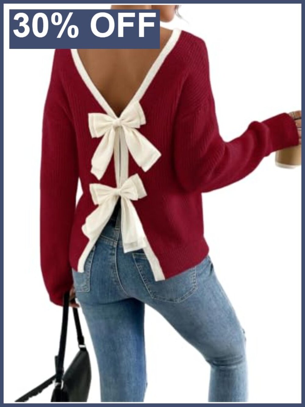 Off The Shoulder Bow Ribbed Knit Pullover Sweater Crew Neck